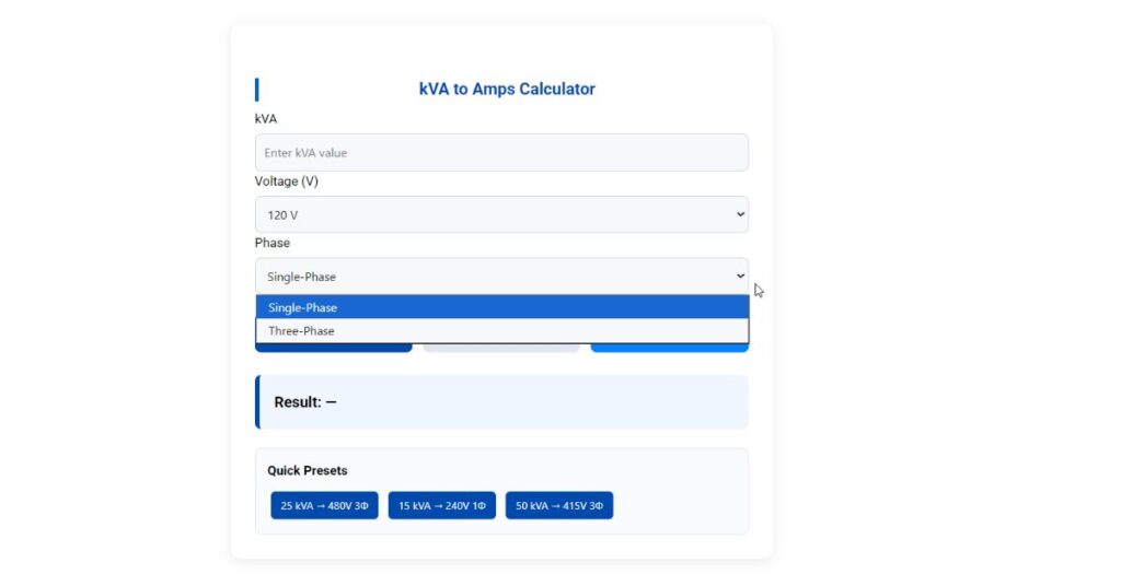 KVA to Amps Calculator